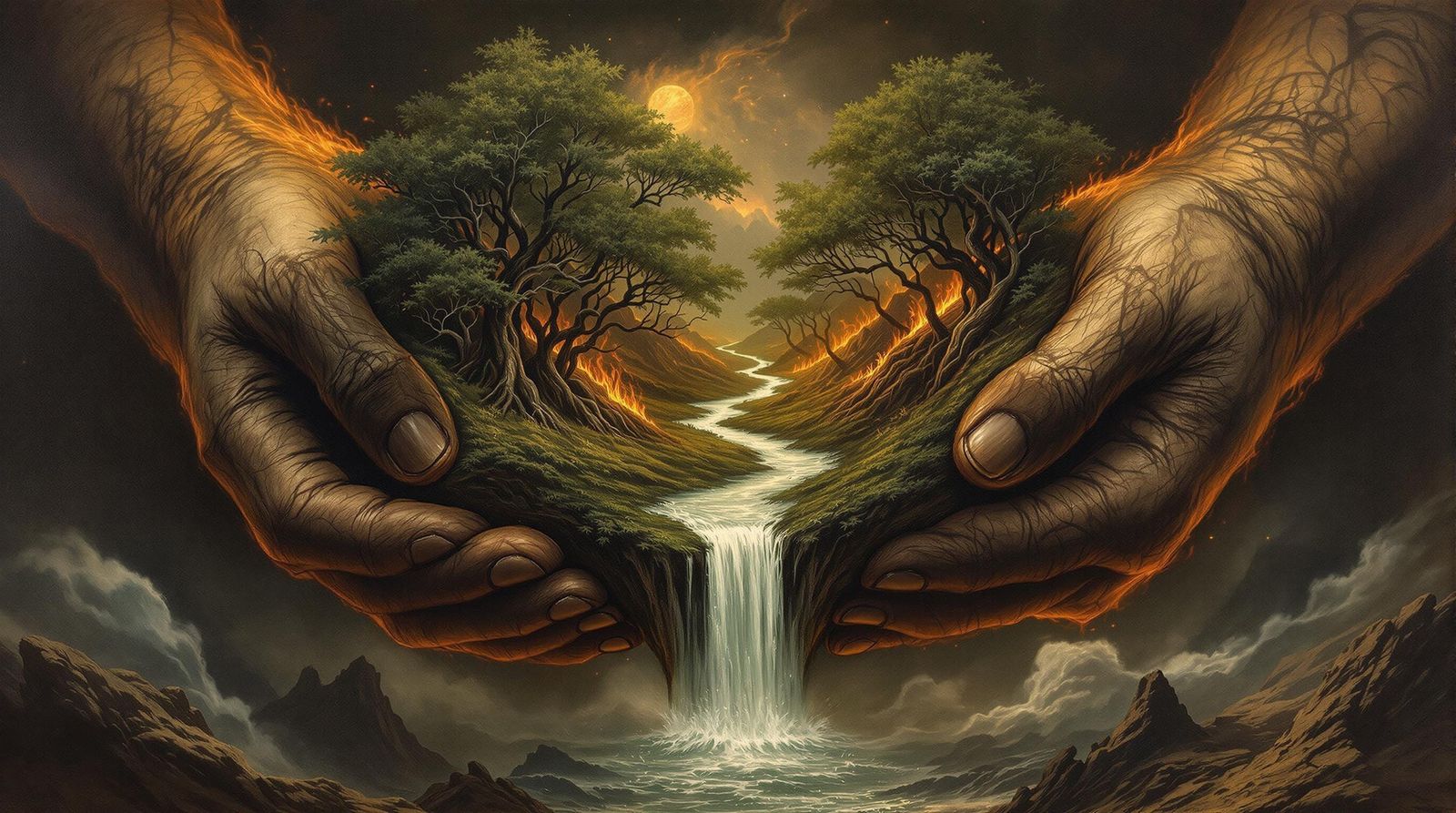 Colossal Hands Holding a Wicked Forest