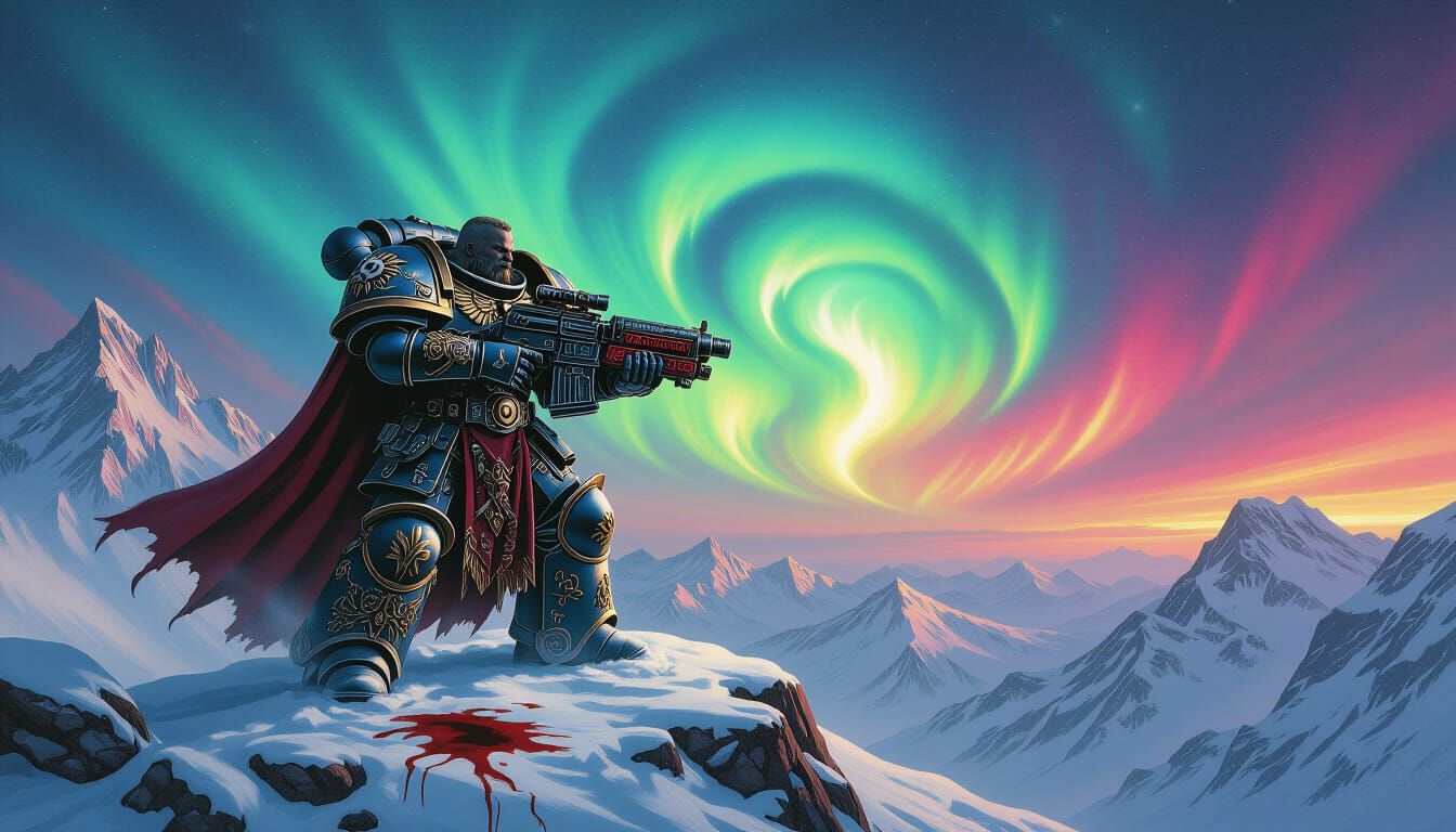 Space Wolf on Snowy Peak with Aurora Borealis
