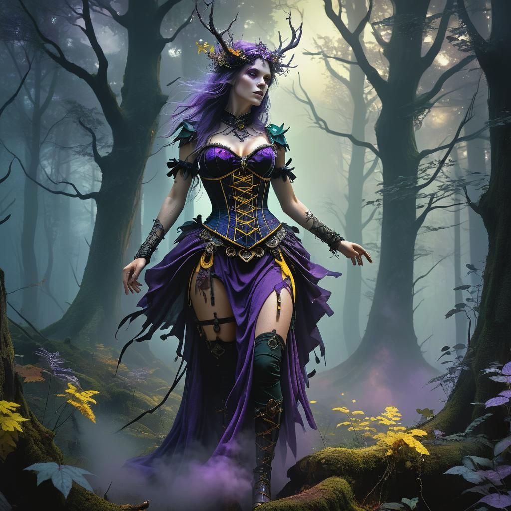 Forest Witch in Mist, Dark Fantasy Art