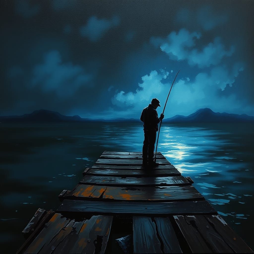 Nocturnal Fisherman at Pier in Japonisme Style