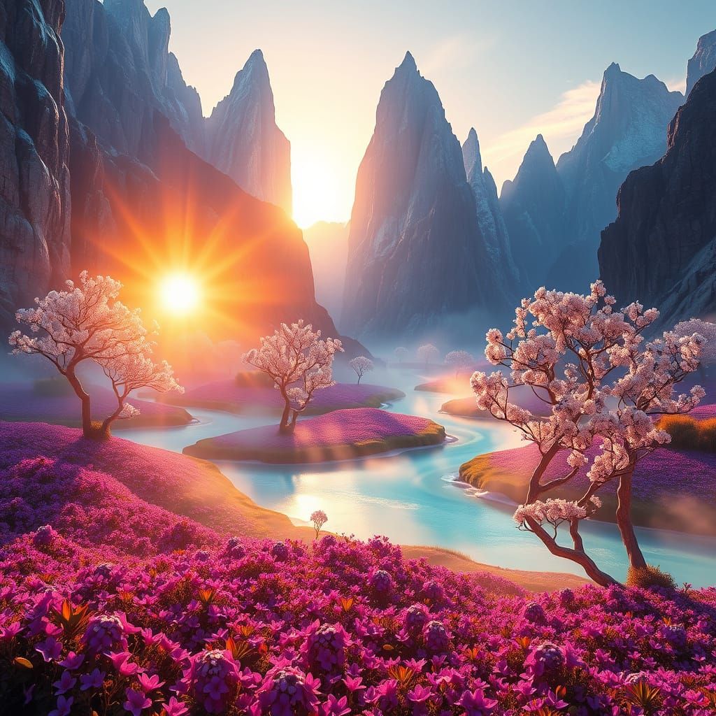 Surreal Valley with Crystal Mountains at Sunrise