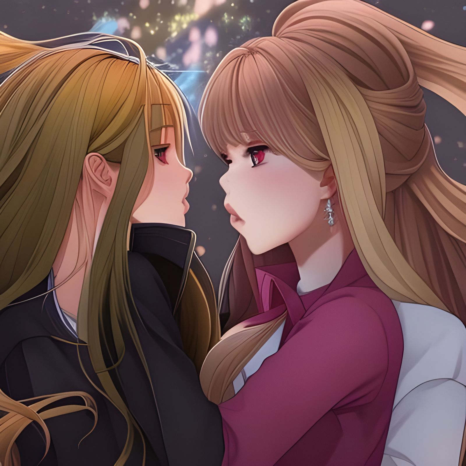 Korean Girls Kissing: Hyperrealistic Splash Art