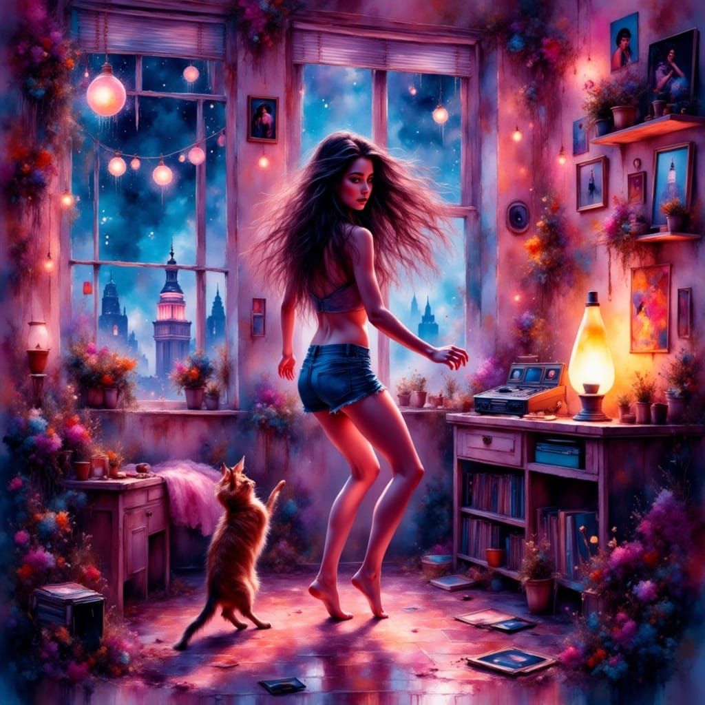 Synthwave Girl Dancing in Retro Bedroom