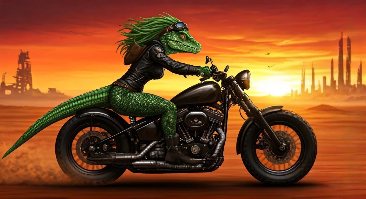Lizard-Human Hybrid Woman Rides Motorcycle in Wasteland