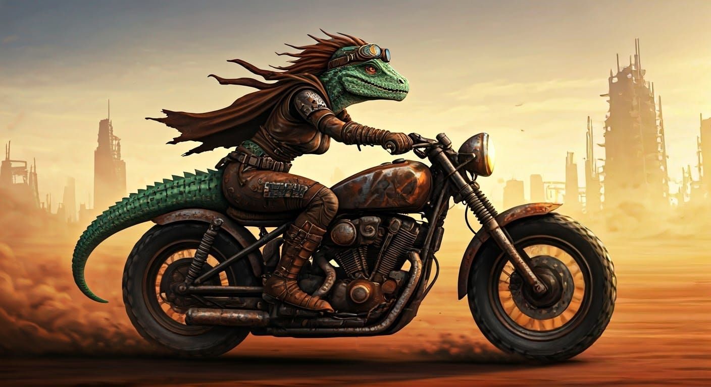 Post-Apocalyptic Lizard Rider in Wasteland