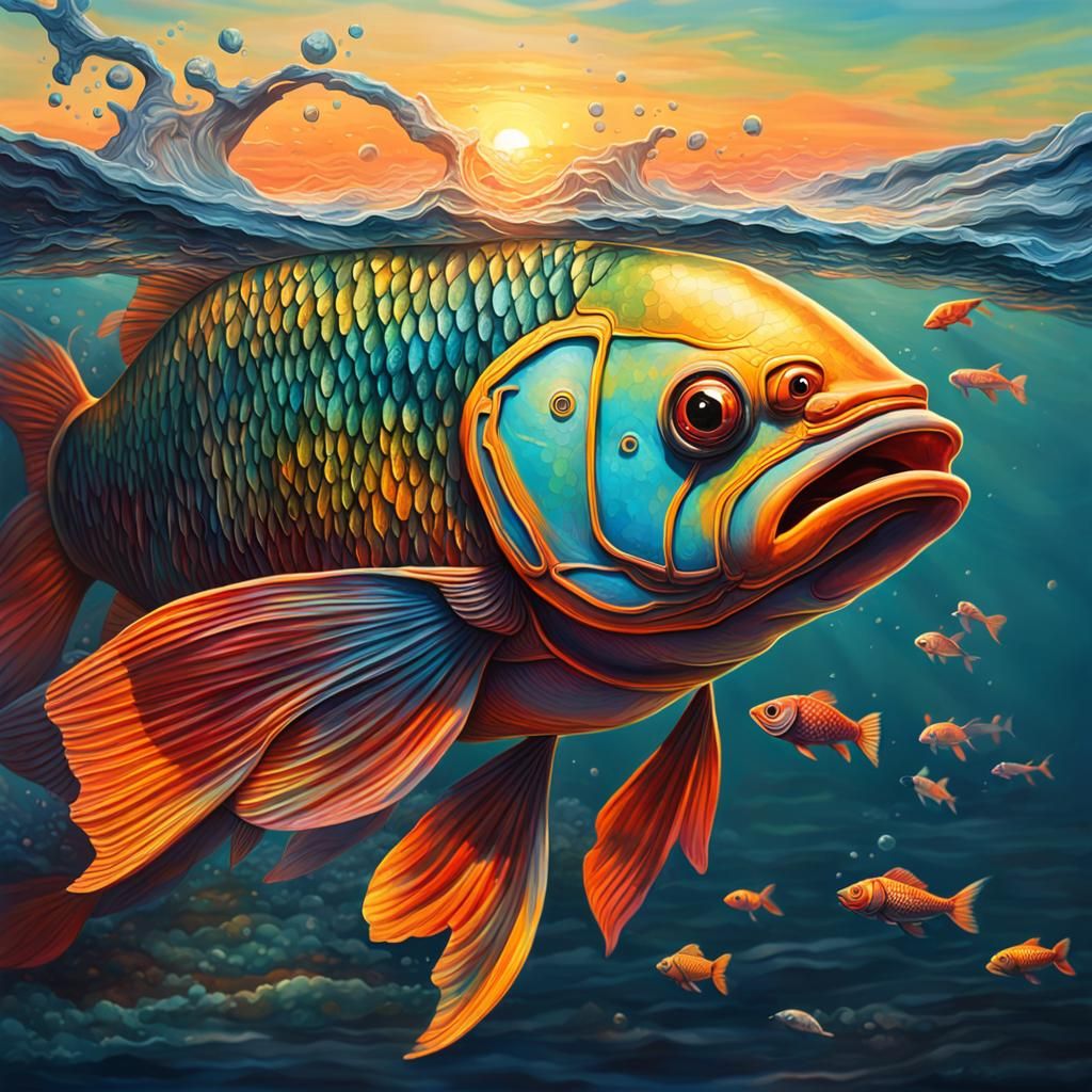 Hyperrealistic Fish Out of Water at Sunset