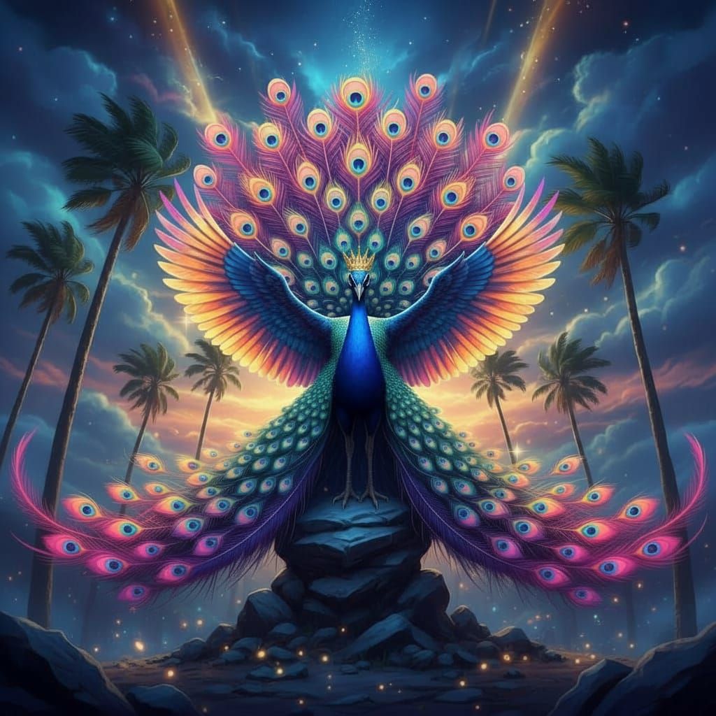 Peacock Soaring Through Cosmic Nebula with Fiery Feathers