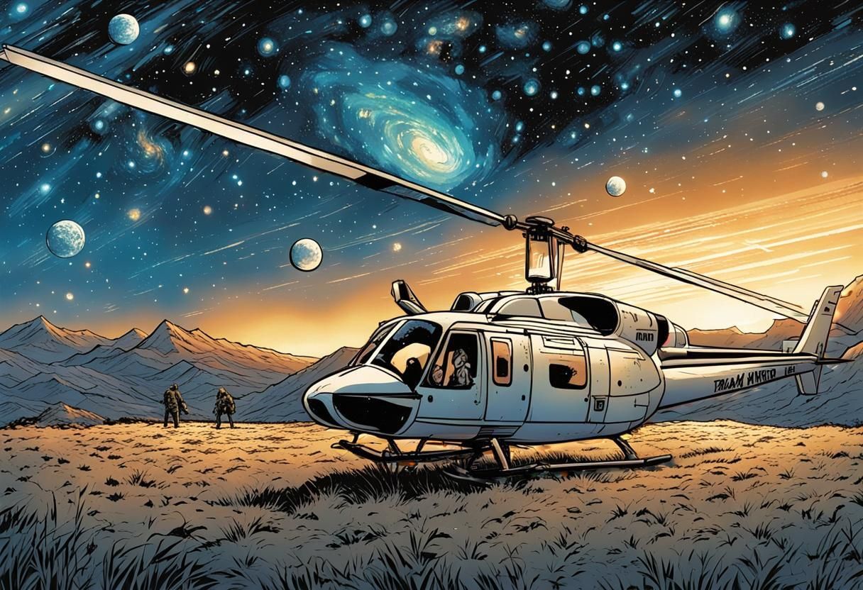 Helicopter in Star Field: Comic Book Art