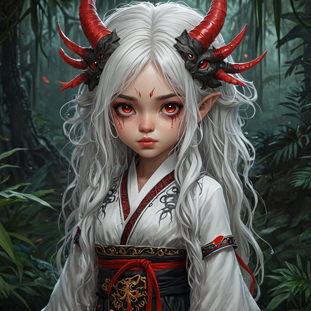 Frightened Girl with Dragon Horns in Chibi Style