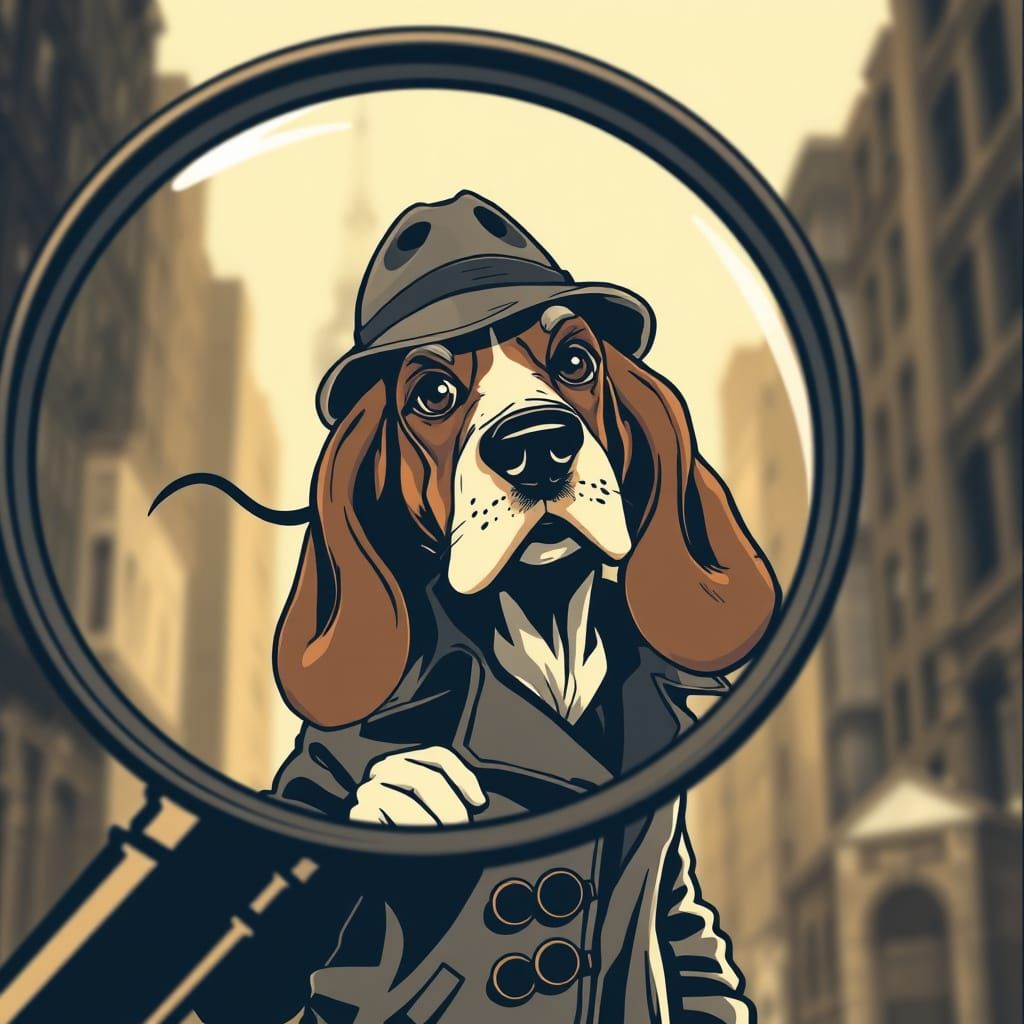 Basset Hound Detective in Vintage Comic Art Style
