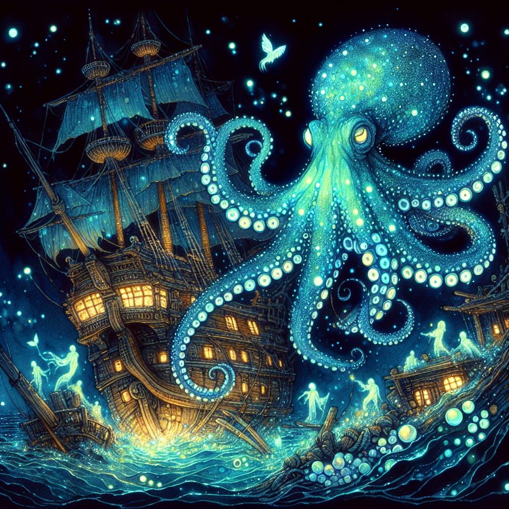 Bioluminescent Octopus Celebrates in Sunken Galleon