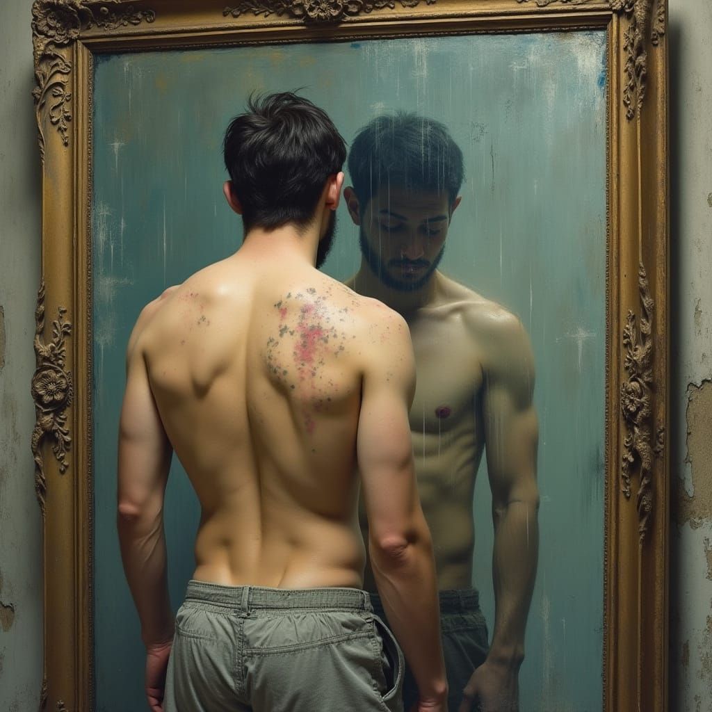 Man in Ornate Mirror with Faded Reflection