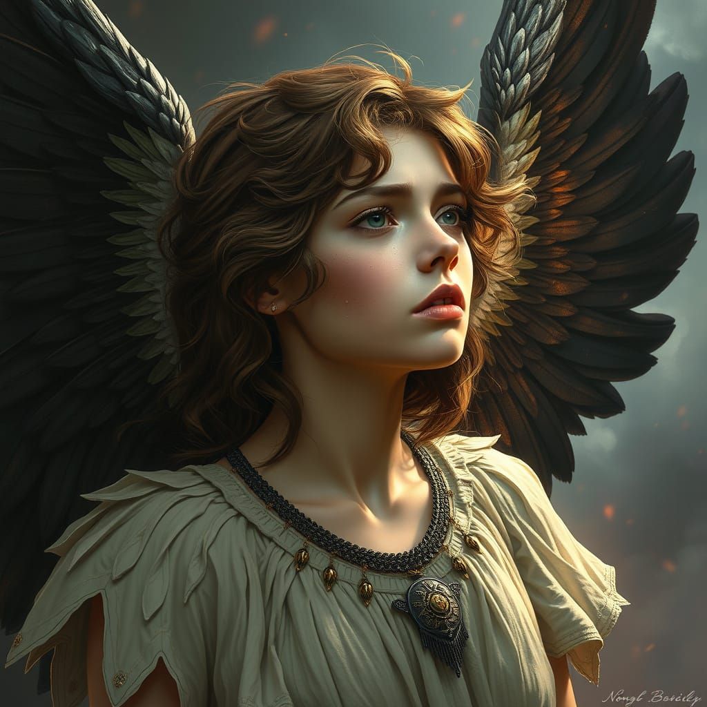 Sorrowful Angel with Broken Wings in Hyperrealistic Style
