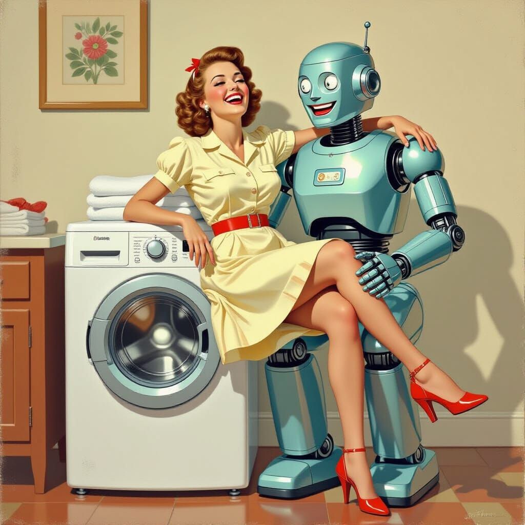 Housewife and Robot Companion in Norman Rockwell Style