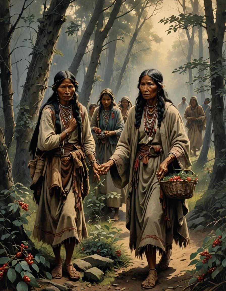 Mono Women Gathering Berries: Oil Painting
