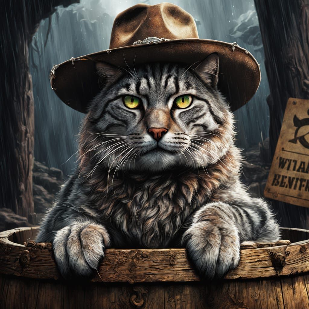 A gray wild cat wearing a cowboy hat