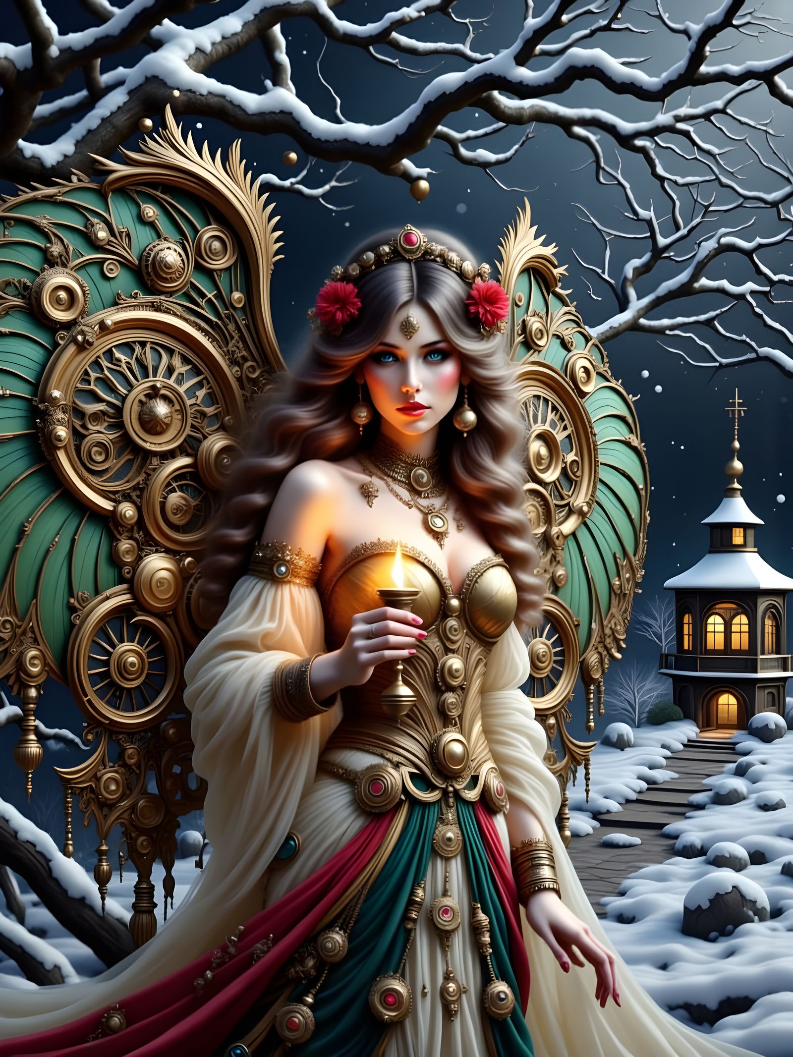 Art Nouveau Steam Angel With Candle in Snowy Woods