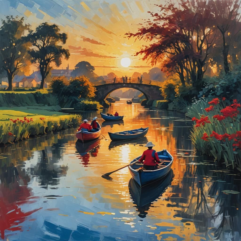 Woman in Red Rows Golden Canal: Painted Impression