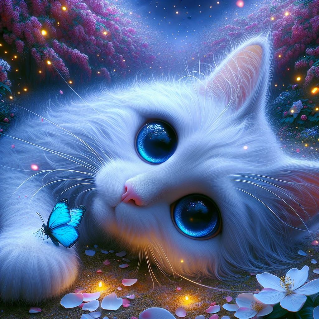 Charming White Cat and Butterfly in Magical Garden