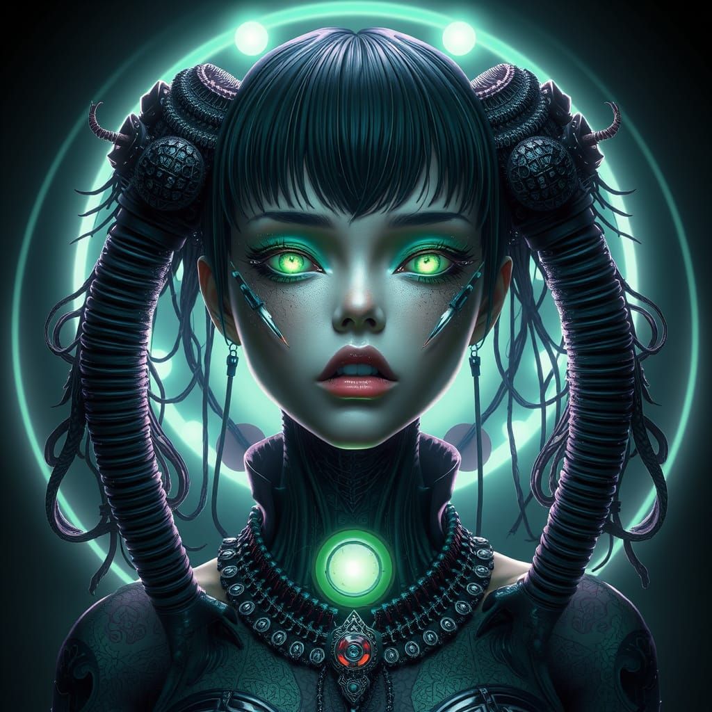 Japanese Emerald Goddess in Futuristic Splendor