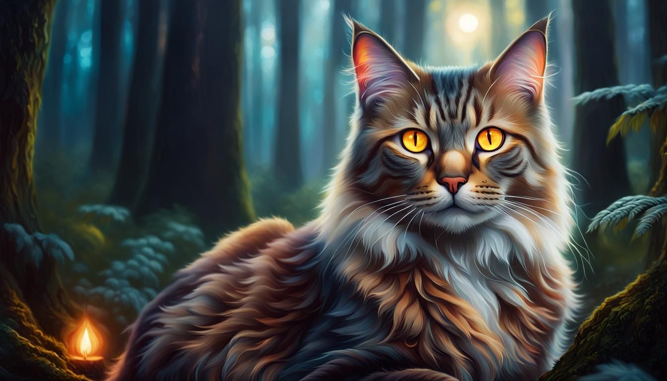 Regal Cat in Mystical Forest: Oil Painting