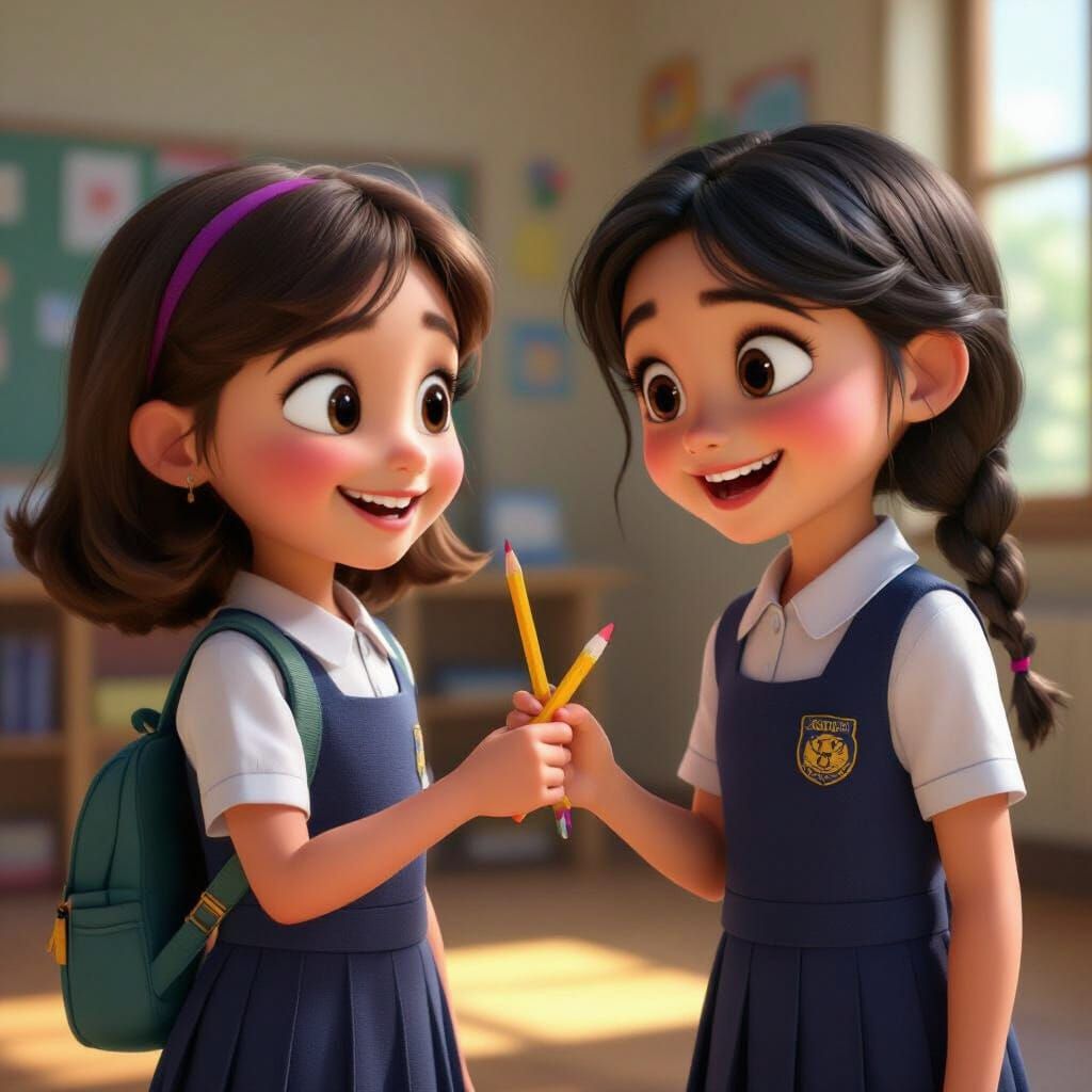 Pixar Style: Girl Shares Pencil with Friend