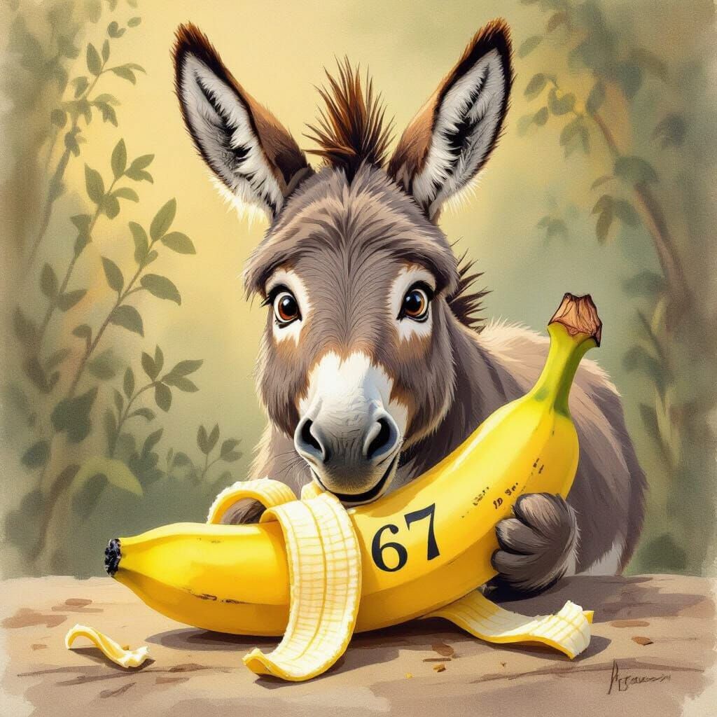 Donkey Eats Banana with Number 67, Storybook Illustration St...
