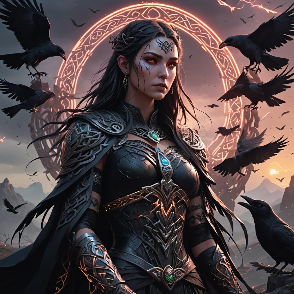 Goddess Morrigan in War-Torn Landscape with Celtic Knots