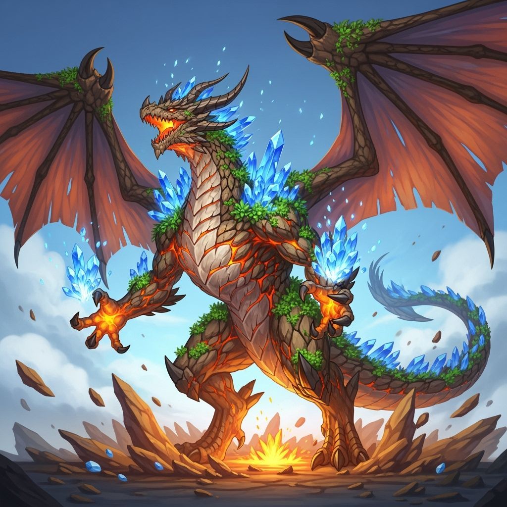 Earth Dragon with Crystals and Magma in Anime Style