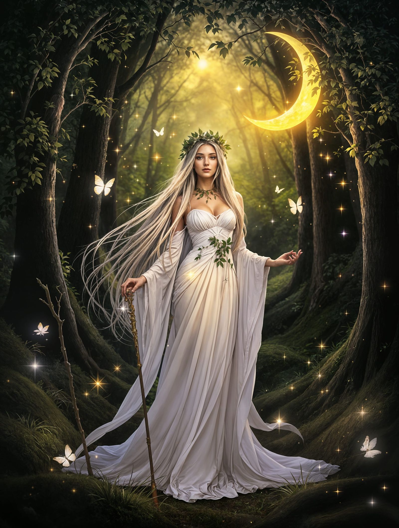 Mystical Moonlit Goddess in an Enchanted Forest