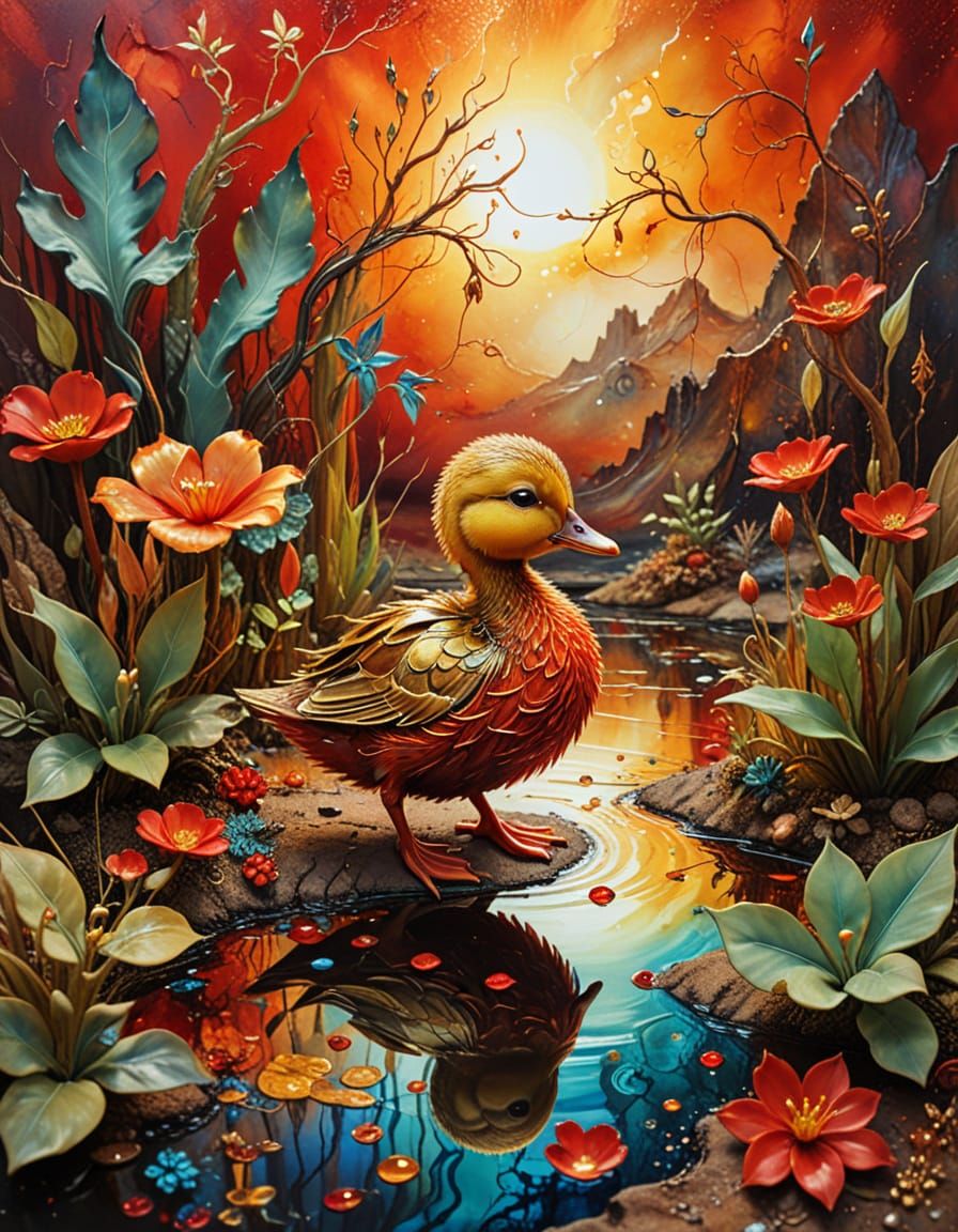 Red Duckling in Surreal Jurassic Landscape