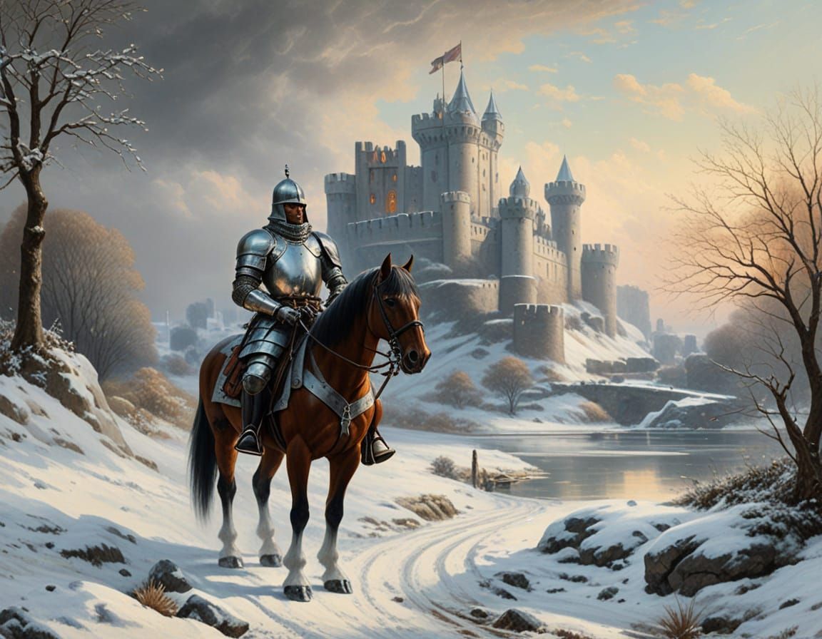 Knight in Snow-Covered Armor Watches Over Castle