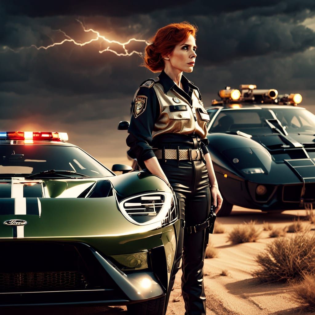 Redhead Woman in Police Uniform with GT40, Retro Style