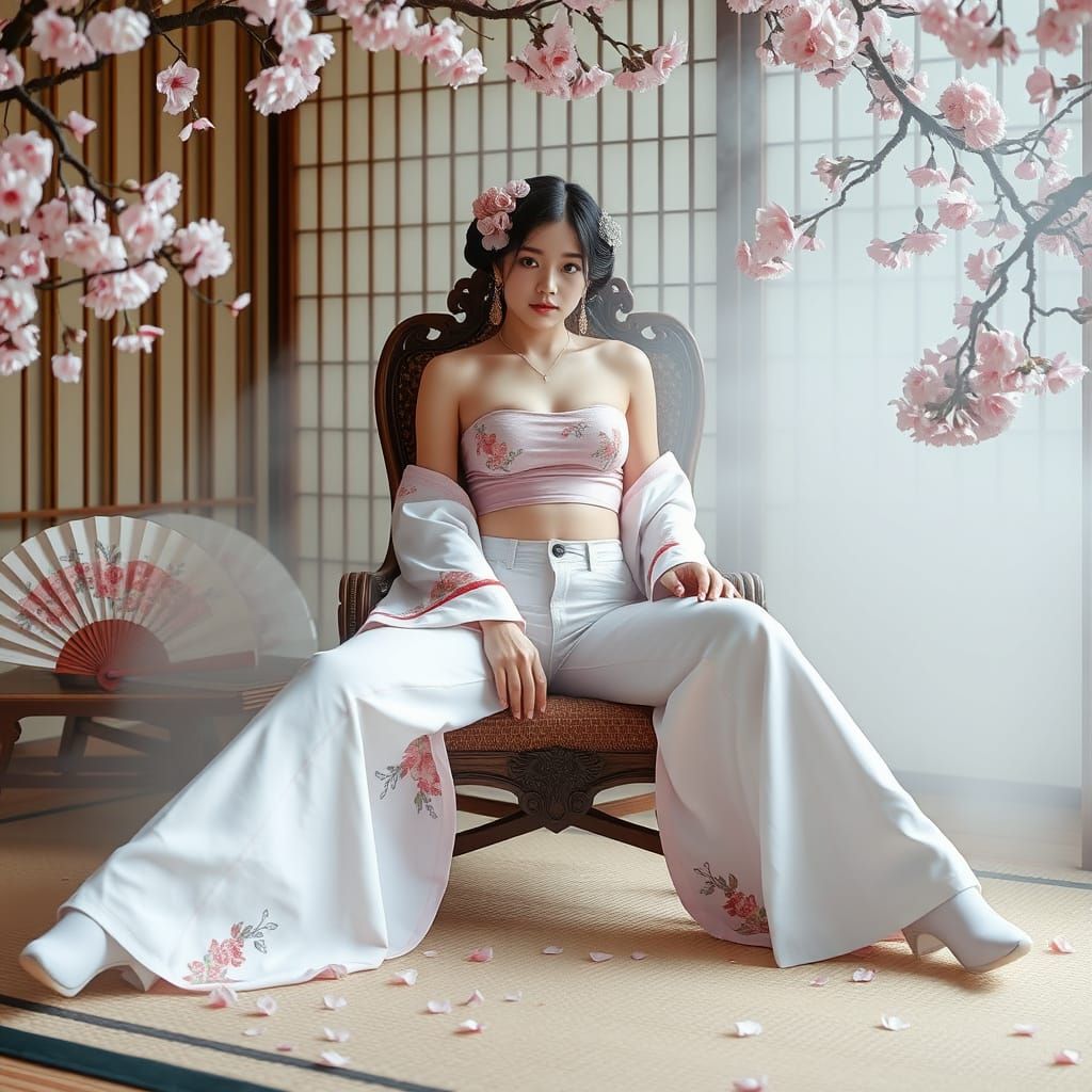 Geisha in Jeans Amongst Cherry Blossoms