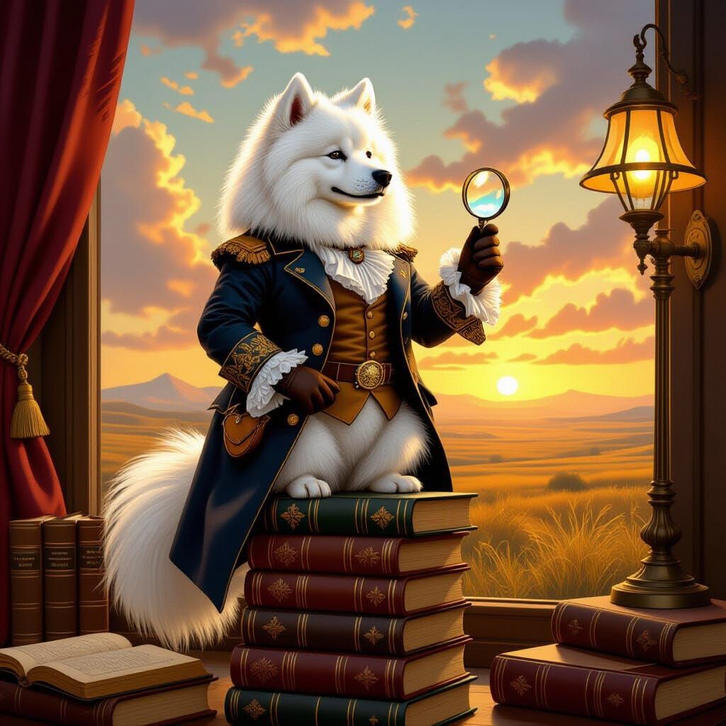 Samoyed Explorer in Victorian Style with Golden Light