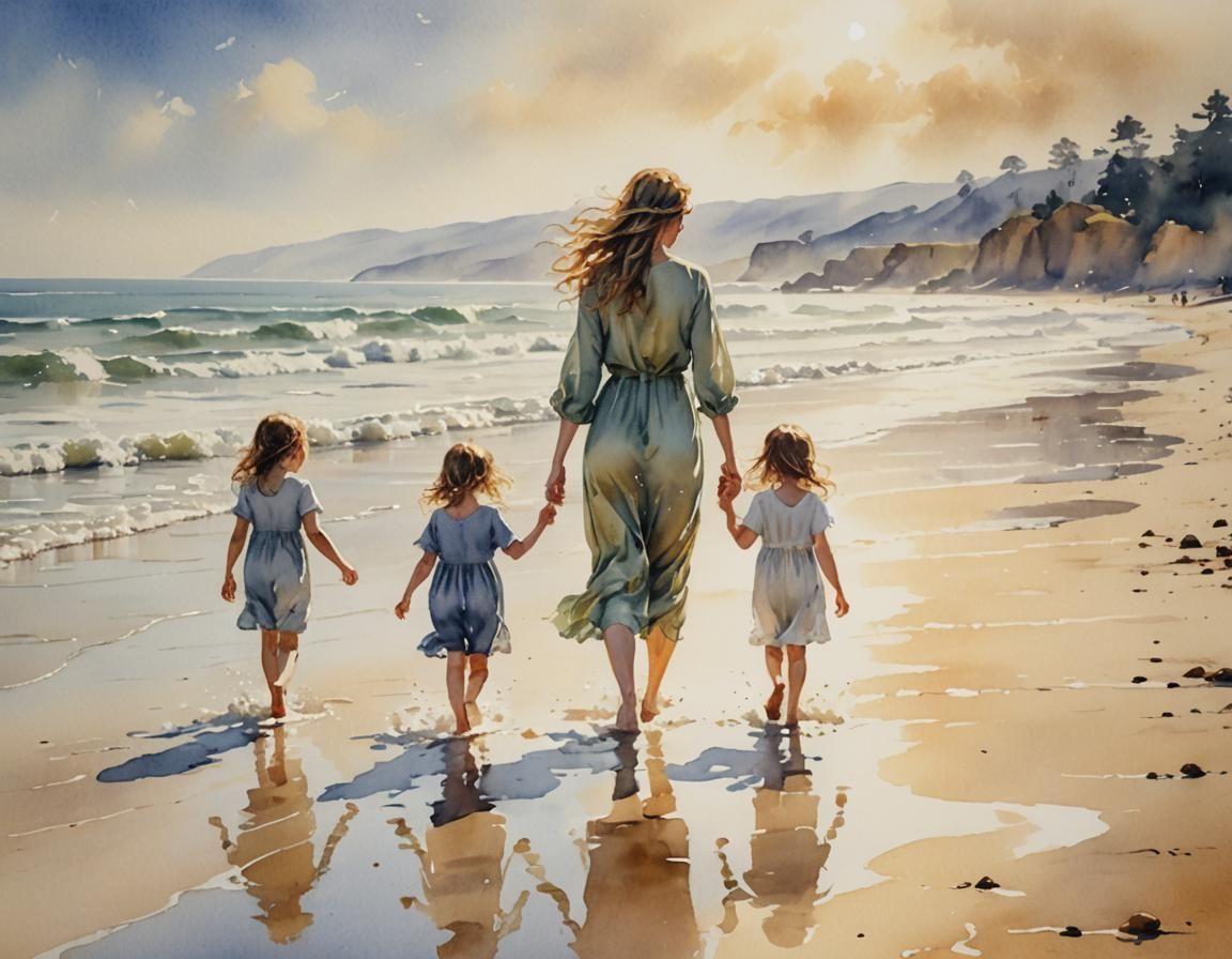 Mother and Children on Beach in Watercolour Style