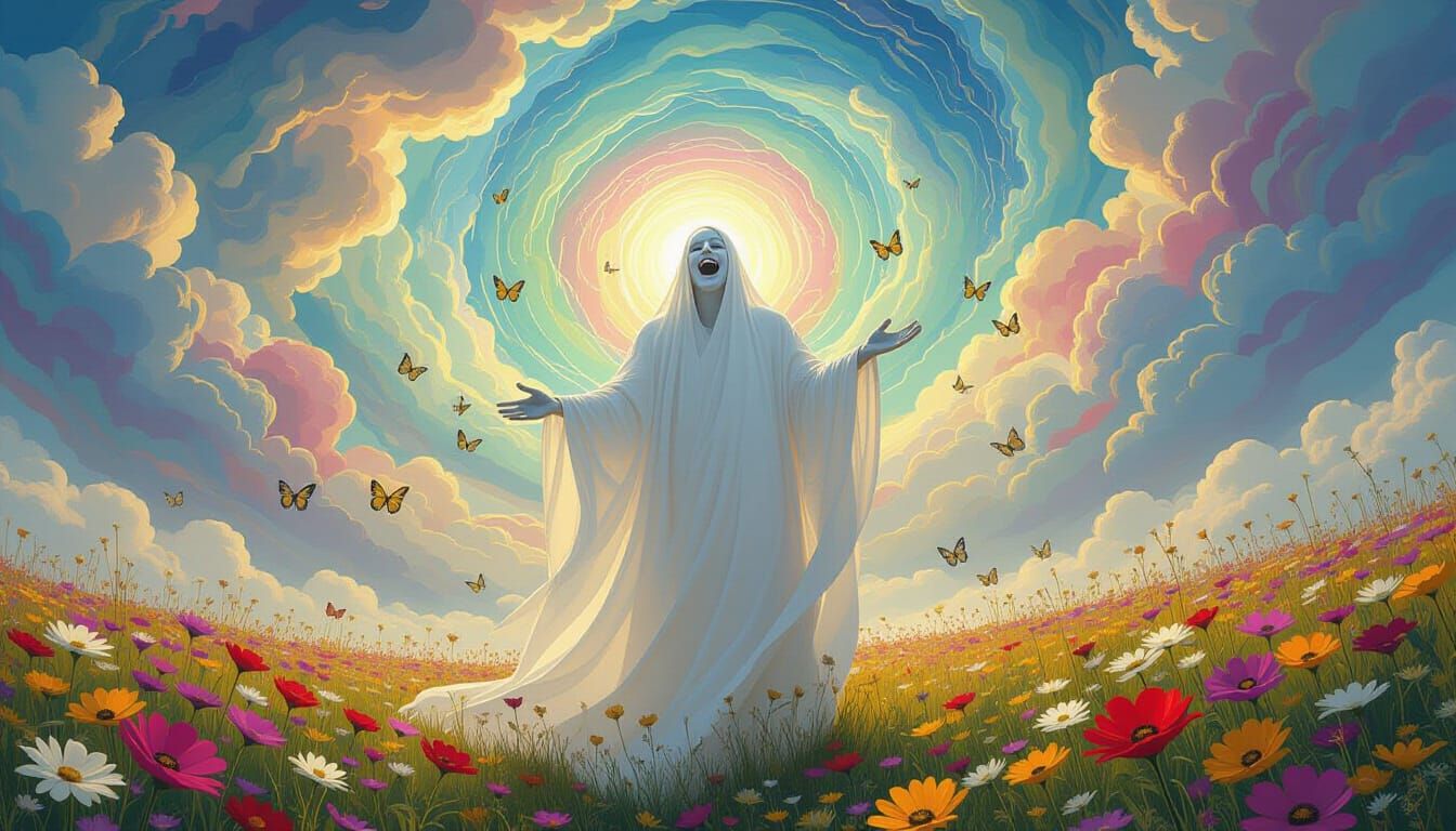 Ethereal Light Figure in Psychedelic Dreamscape