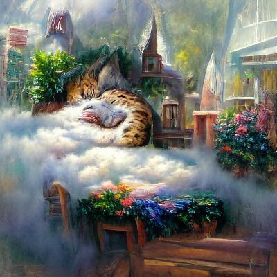Ethereal Fantasy Cat Nap in Kinkade Style