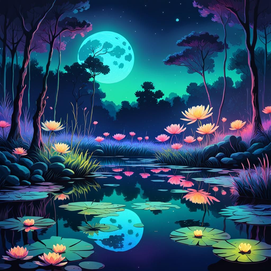 Neon Impressionist Pond Scene with Guitars