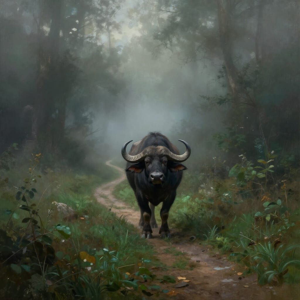 Majestic Buffalo in Foggy Wilderness