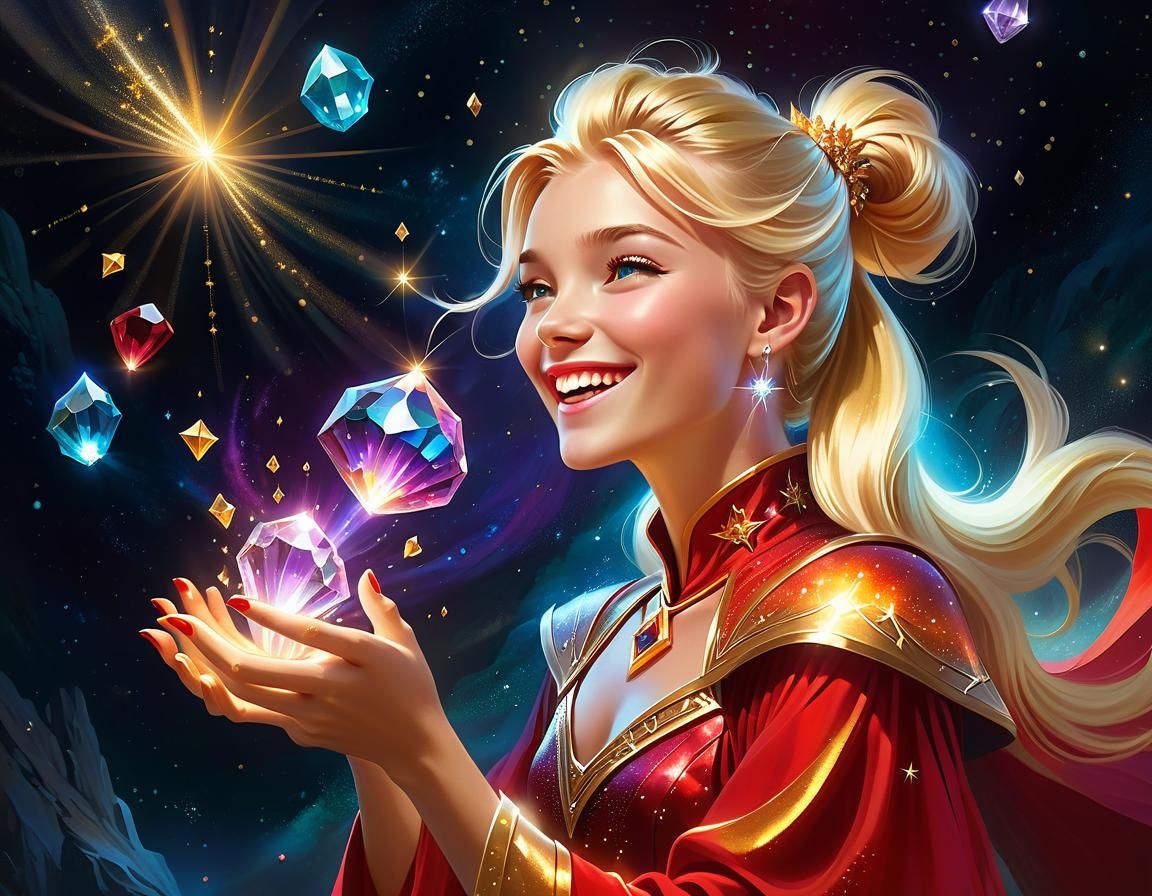 Giggling Sorceress with Magic Crystals in Oil Painting