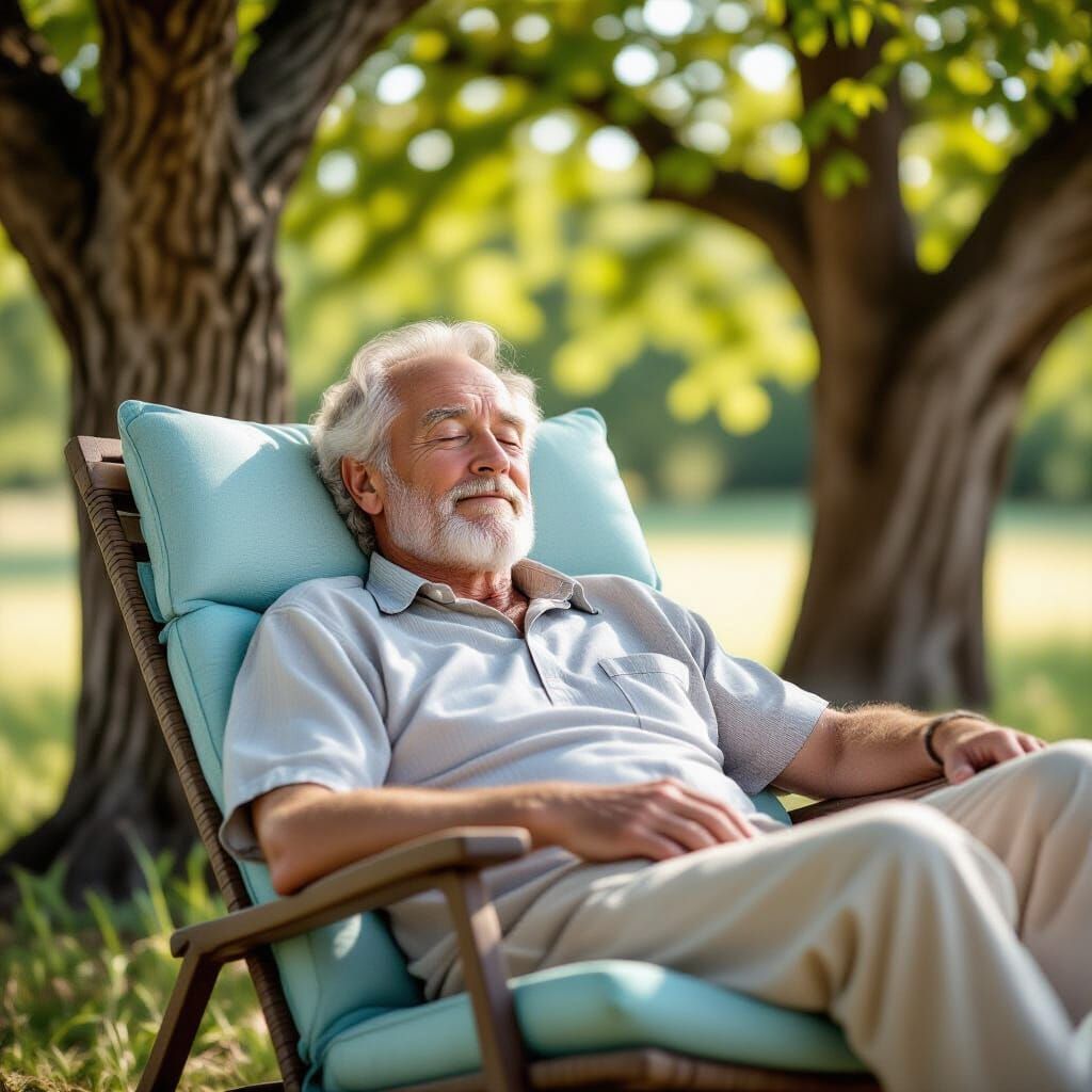 Peaceful Elderly Man Napping in Dappled Sunlight