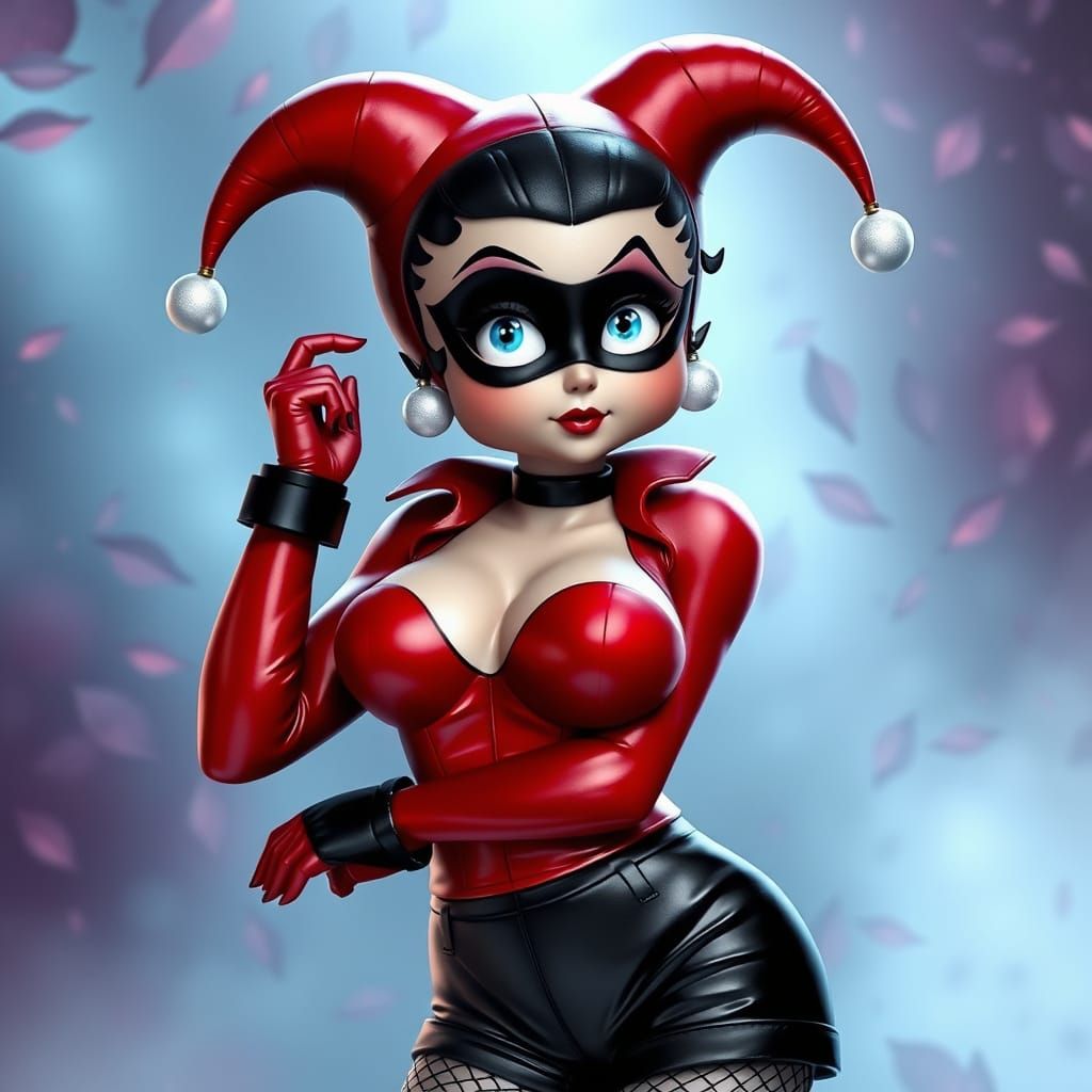 Ethereal Betty Boop in Red Leather Jumpsuit with Jester Hat
