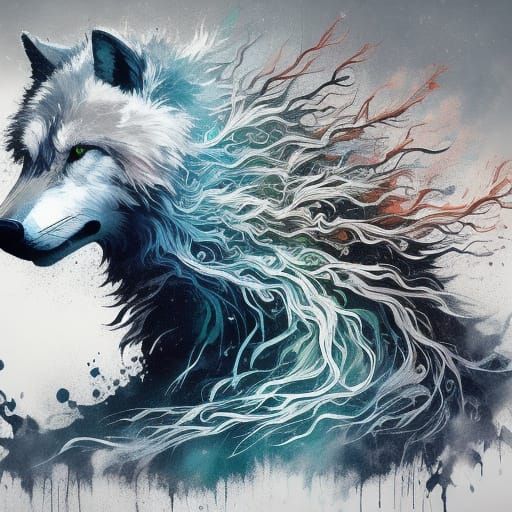 Wolf Double Exposure in Magical Forest