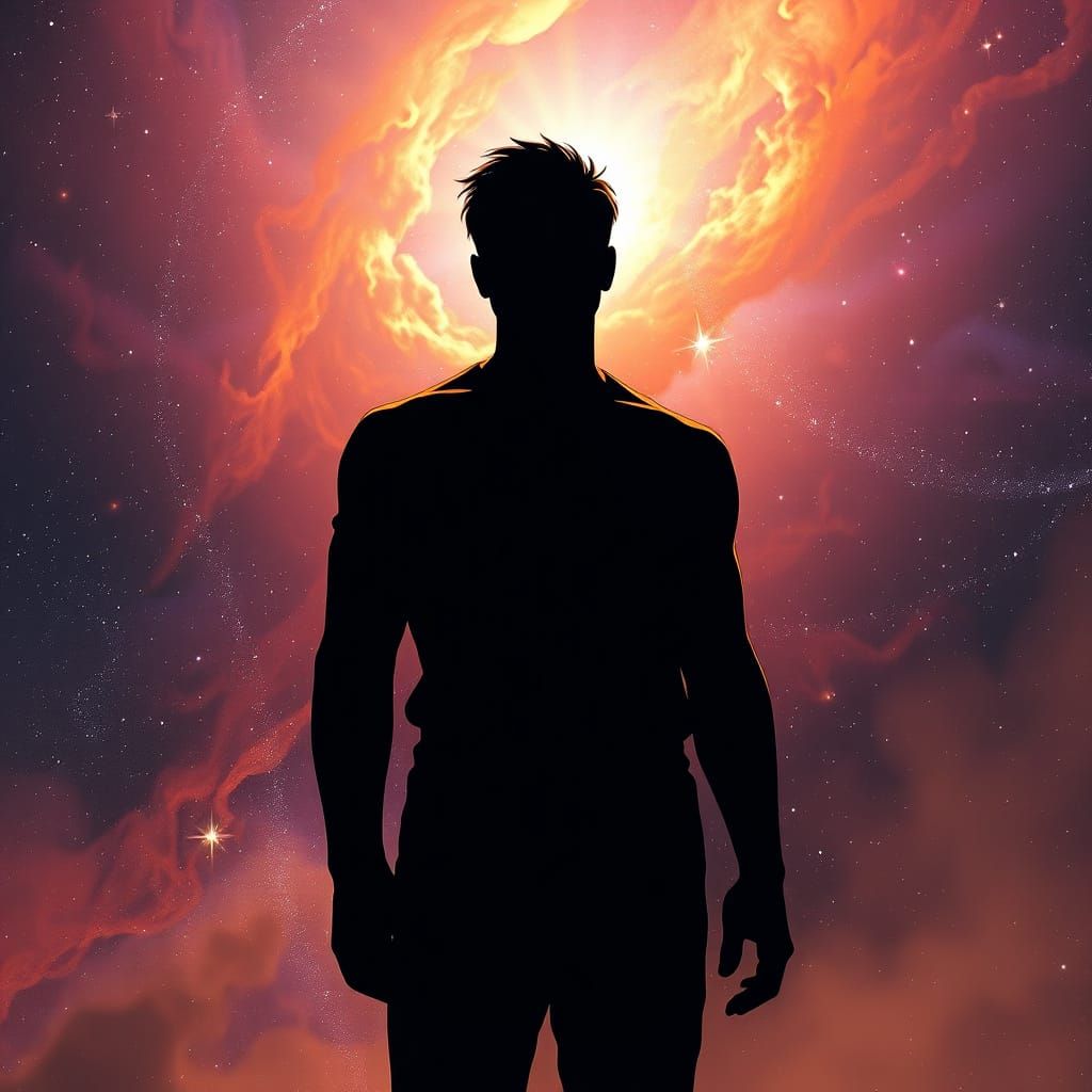 Man in Silhouette Against Starry Nebula