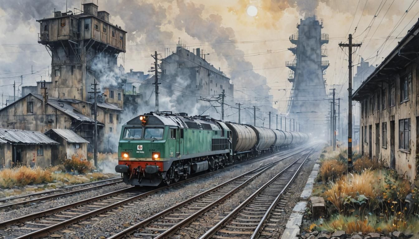 Freight Train in Misty Industrial Landscape, Rackham Style