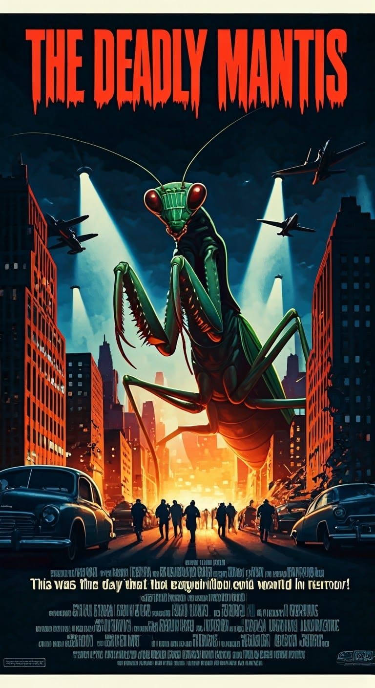 Fearsome Praying Mantis Towers Over Ruined City in Film Noir...