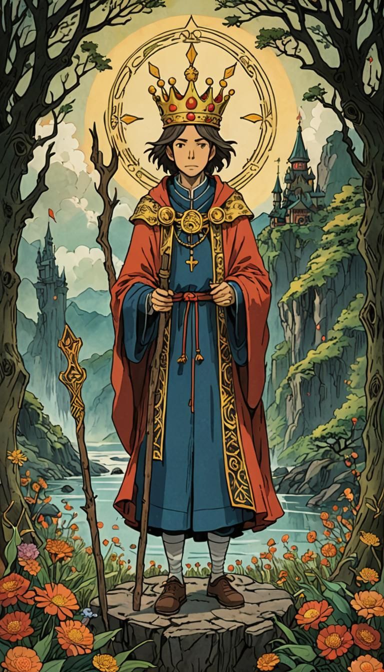 King of Wands Tarot Card in Studio Ghibli Style