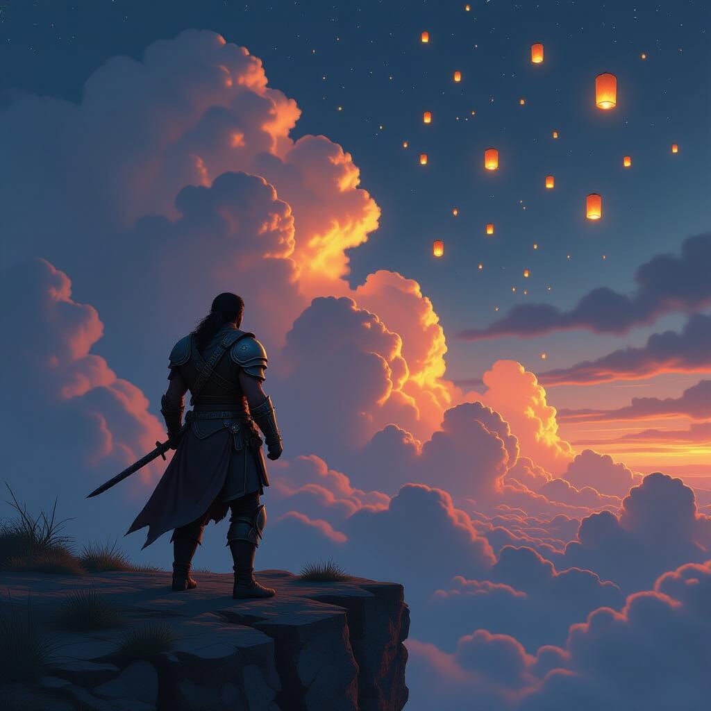 Warrior Watching Lanterns Ascend at Night