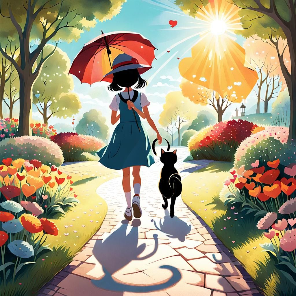 Girl and Cat in Sunny Park: Whimsical Illustration